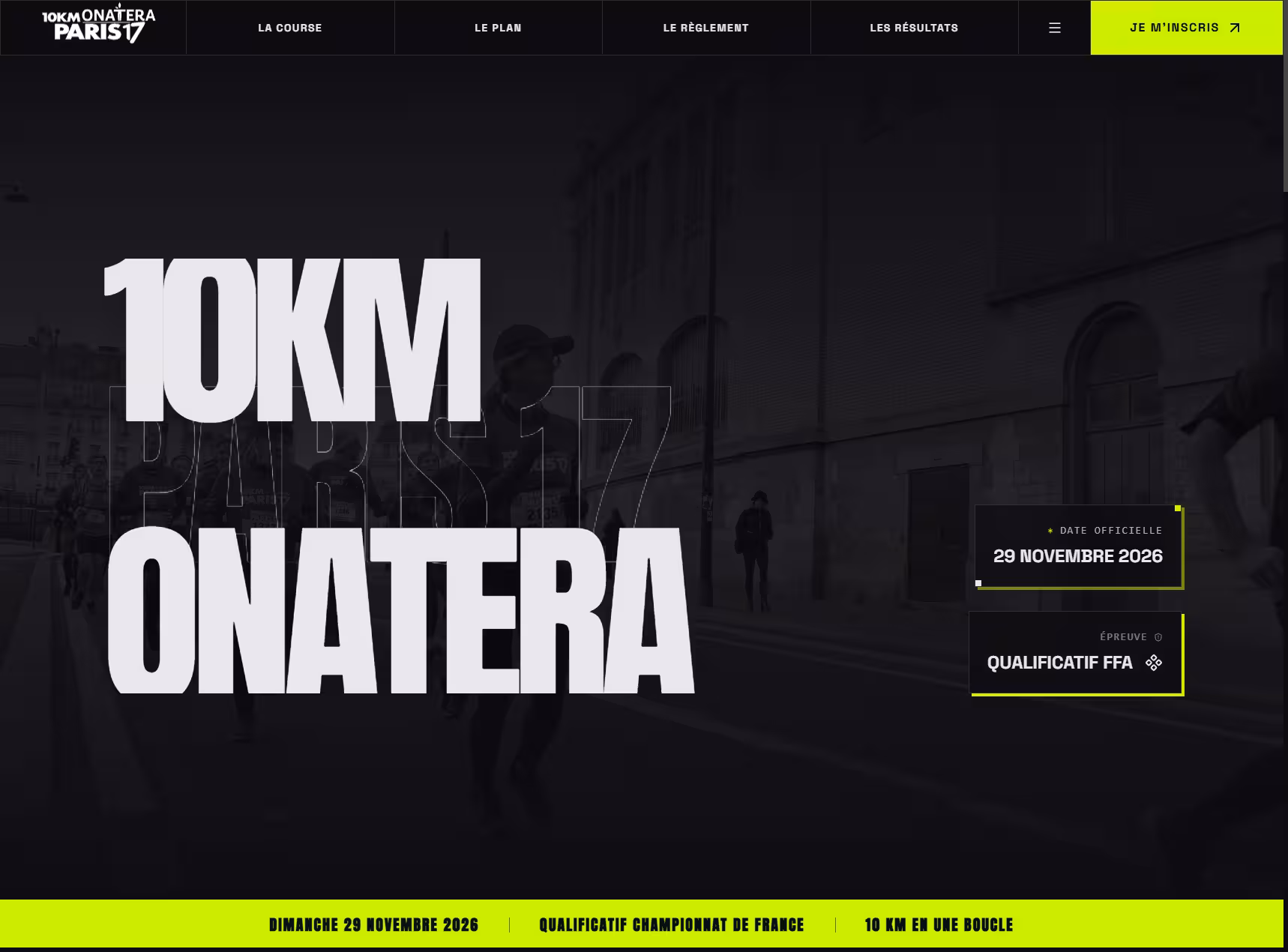 10 km Onatera Paris 17, page d’accueil : hero course, navigation, tuiles Épreuve / Infos pratiques / Clubs entreprises et CTA Je m’inscris.